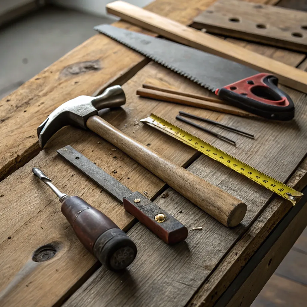 A set of carpentry tools laid out on a wooden workbench
